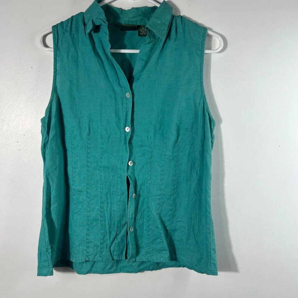 Mountain Lake Sleeveless Linen Button Shirt Green M Embroidered Details